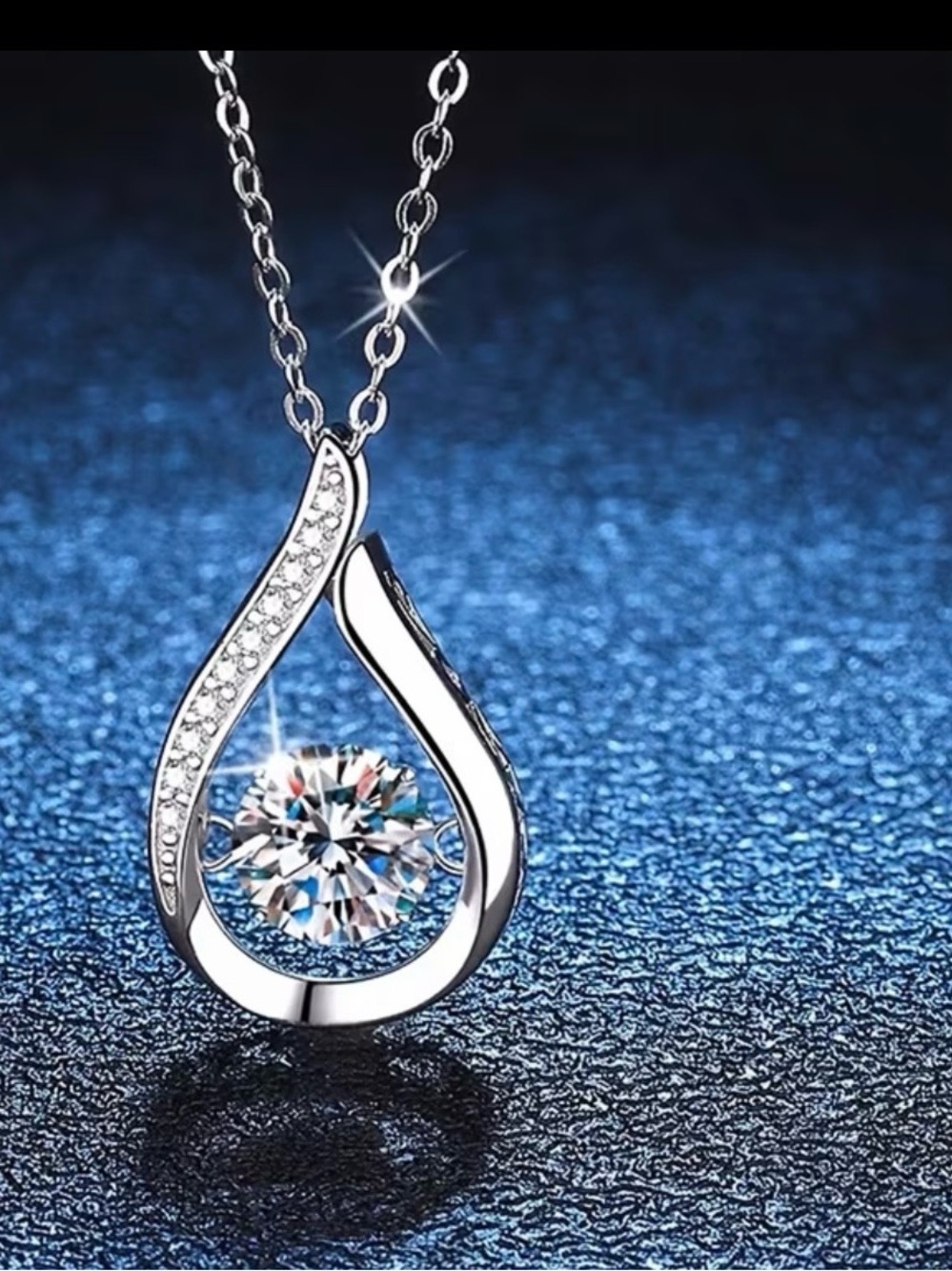 Women's Teardrop Pendant Silver-Tone Necklace Central Moissanite Stone Dancing
